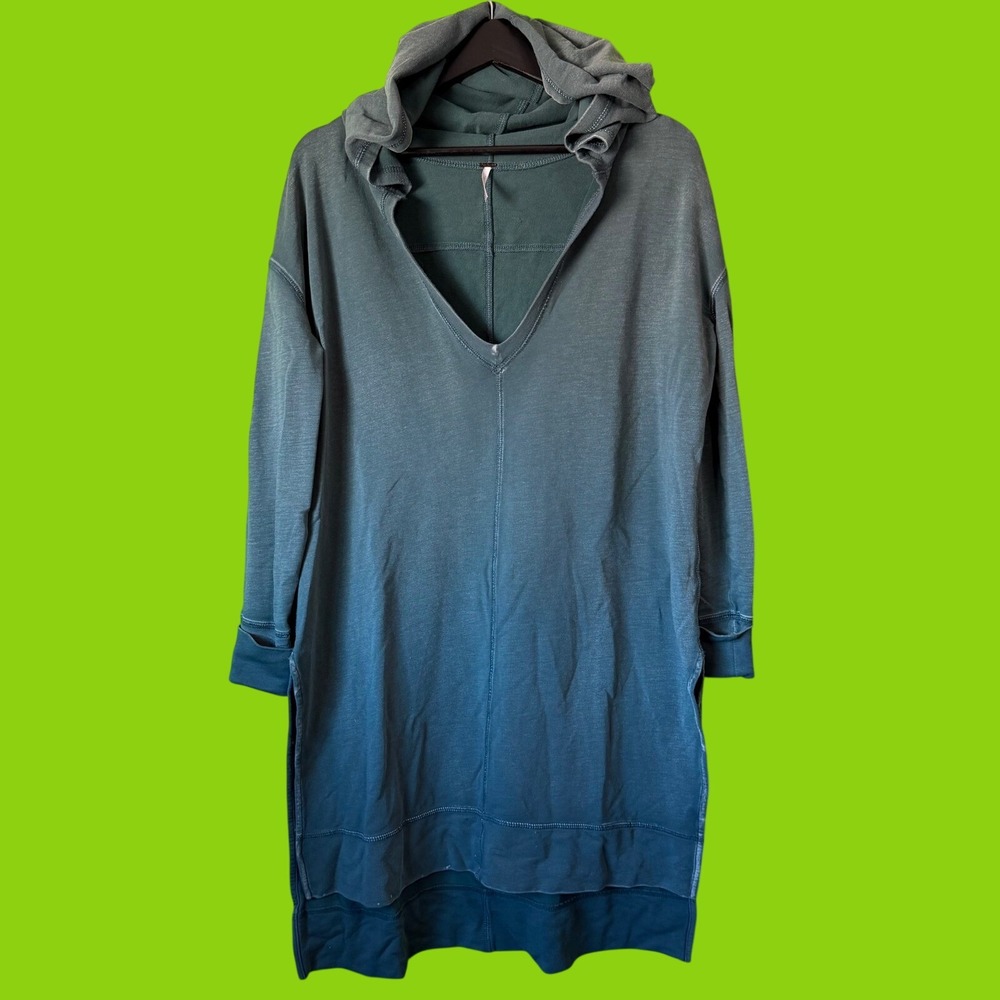 Free People Teal Green V-Neck Hoodie Dress Long Sleeve Side Slit Mini Small